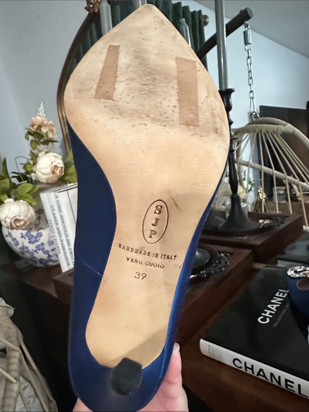 SJP by Sarah Jessica Parker Navy Satin Pointed Toe Pumps with Crystal Buckle - Picture 6 of 11